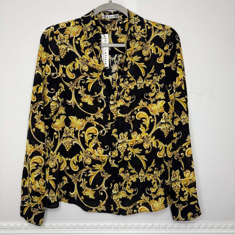 NWT Alice + Olivia 100% Silk Blouse Lux Glam Black Gold Scroll Pattern Small